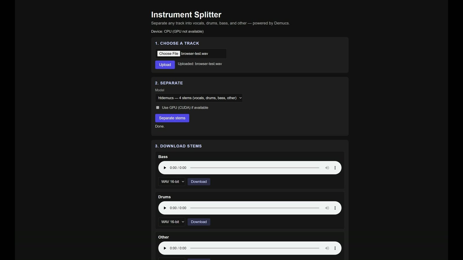 Instrument Splitter separating a track into bass, drums, other, and vocals stems