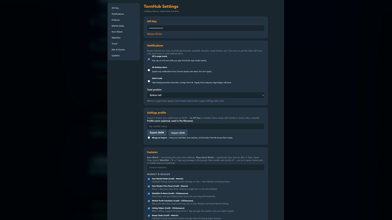 TornHub extension dashboard with market deals, watchlist, and feature toggles